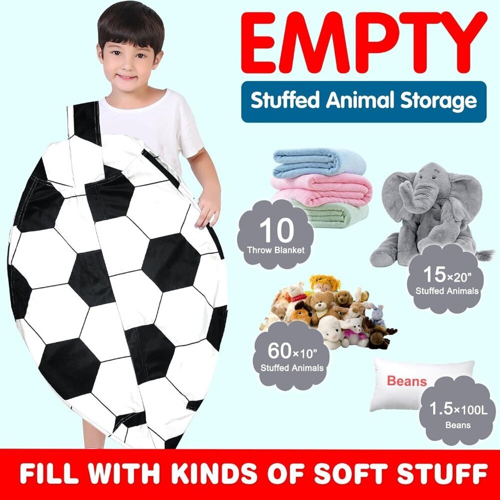 Stuffed Animal Storage Bean Bag Chair Cover for Kids, Soccer Zipper Beanbag Chai - Picture 2 of 6
